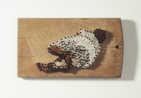 Untitled Mom, 1995, embroidery strings and nails on wooden cutting board, 12.5 x 22 x 2 cm