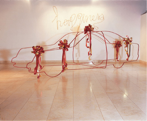 Untitled, 2003, iron, wallpaper, ribbons, 135 x 480 x 180 cm